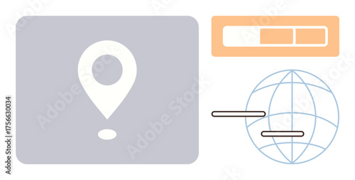 Abstract location marker, progress bar, and wireframe globe emphasize navigation, tracking, and global reach. Ideal for technology, logistics, communication, progress efficiency global networking