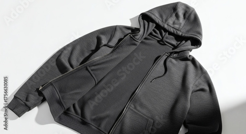 Minimalist Dark Gray Zip Up Hoodie Sweatshirt Lay Flat on White Background