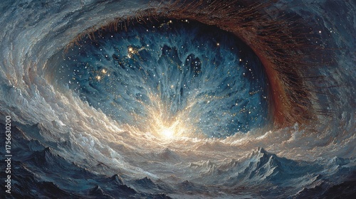 A Cosmic Eye Gazing Out at the Universe. A breathtaking vista into a swirling nebula, with a dazzling central starburst and surrounding celestial landscapes