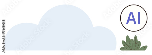Minimalistic cloud with circular AI text and a small green leaf plant. Ideal for technology, artificial intelligence, sustainability, digital innovation, environmental solutions, computing, modern