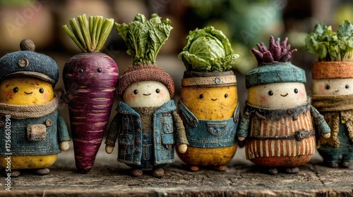 Cute, handmade potato-like figures, holding different vegetables