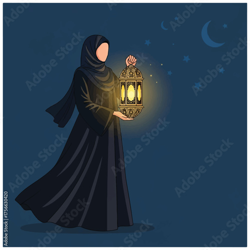 Graceful Muslim woman in a black abaya holding a glowing lantern.