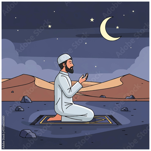 Muslim man with a beard in traditional clothing praying.