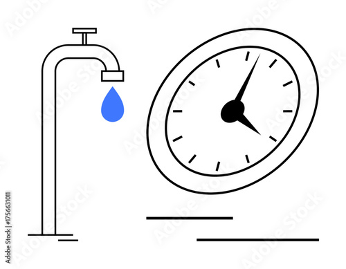 Faucet dripping water alongside an analog clock emphasizes water conservation, resource management, and time. Ideal for sustainability, environmental protection, saving time, urgency, scheduling