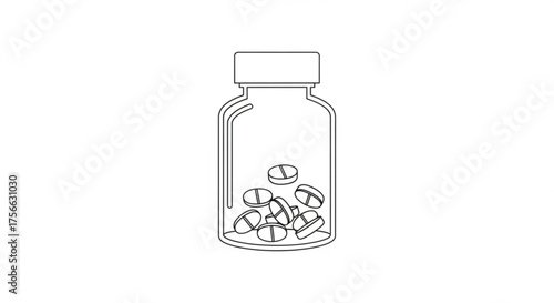Outline of medicine bottle with pills, representing medication, treatment, and healthcare, a simple and clean vector illustration