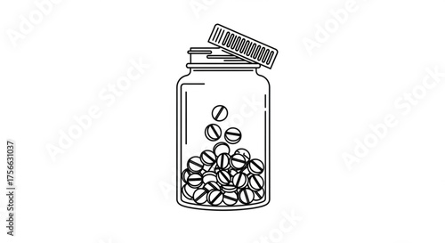 Pills in a bottle, a simple line drawing of a medicine container with round tablets, representing healthcare and medication
