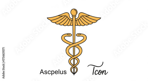 Golden caduceus icon, a symbol of medicine and healthcare, representing healing, health, and medical profession with two snakes and wings