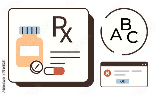 Bottle, pills, prescription symbol, error alert popup, and decision circle. Ideal for pharmacy, healthcare, error prevention, education digital health medical safety simple flat metaphor