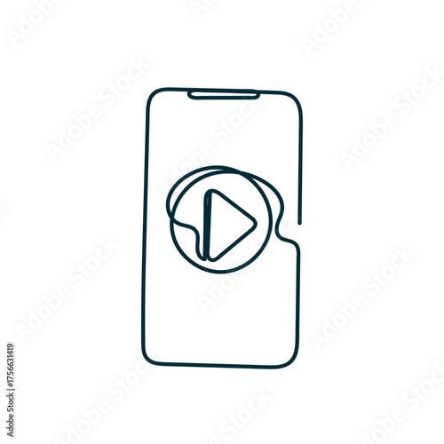 continuous line drawing phone with play button icon doodle