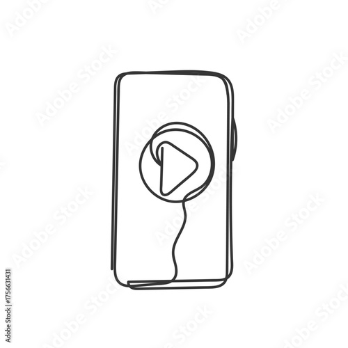 continuous line drawing phone with play button icon doodle