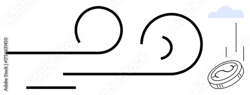 Stylized black lines showing wind movement swirling toward a falling coin under a light cloud. Ideal for finance, motion, speed, opportunity, risk, nature, decision. Simple flat metaphor