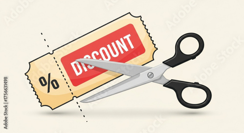 Illustration of a discount coupon being cut by scissors, , representing savings, promotion, and retail offers in a vibrant and engaging design