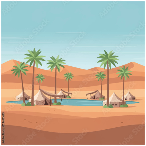 Desert oasis scene with tents and palm trees under blue sky.