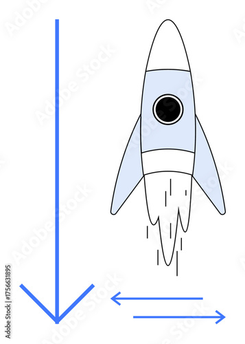 Blue rocket launching straight up with directional arrows for upward thrust and horizontal movement. Ideal for innovation, growth, exploration, startup, ambition, progress, and future. A simple flat