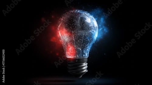 Illuminated light bulb glowing with vibrant red and blue energy particles on a dark background, conceptualizing ideas, innovation, and creativity.