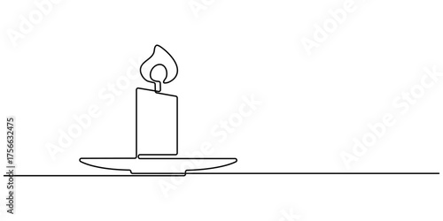 One continuous line drawing of candle vector illustration. Candle continuous line art. Burning candle one line drawing. Warmer, lamp, interior concept. One line Icon drawing with white background