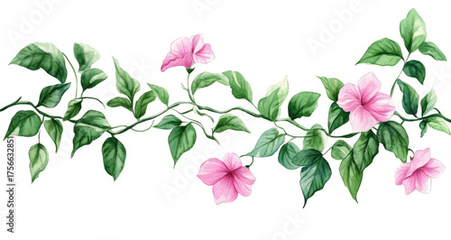 Watercolor pink flower and green leafy garland, simple clip art style on a white background.