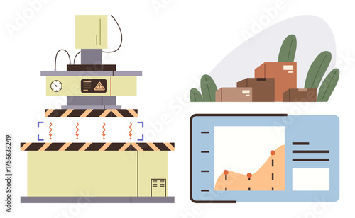 Industrial machine compressing items, digital monitor with data graph, stacked boxes by greenery. Ideal for automation, technology, logistics, manufacturing, inventory analysis efficiency. Simple