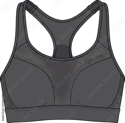 Black sports bra vector illustration with racerback design, mesh front detail, molded cups, breathable fabric, fitness fashion, activewear clothing