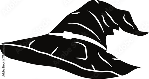 Black silhouette illustration of a pointed witch hat with a wide brim and buckle strap. A spooky and classic Halloween symbol often linked to witches, magic, and the supernatural.