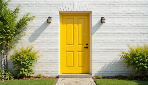 Bright yellow door on white brick wall, cheerful and minimal design