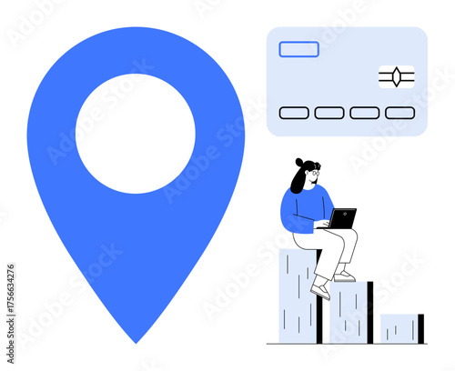 Woman using laptop seated on upward bars, large location marker and credit card nearby. Ideal for business, finance, technology, location services, e-commerce, analysis and strategy visuals. Simple
