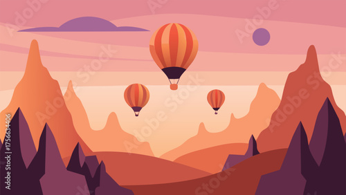 Hot air balloon flying over Cappadocia at sunset with mountains and nature in the background