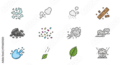 An array of nature icons glass shards clouds dust wood pieces rocks confetti wind water leaves and explosion