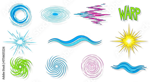 Cartoon elements swirls waves stars and text digitally rendered