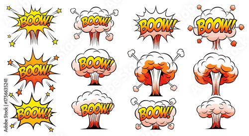 Cartoon explosion icons with BOOM text each differs in shape  color Some have stars or cloudlike effects