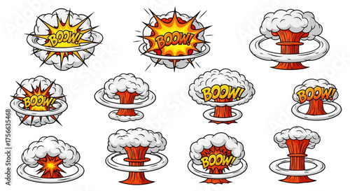 Cartoonstyle explosions with BOOM text  mushroom clouds vibrant outlined digital art