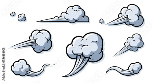 Comic style puff clouds with movement lines and bold outlines are in varying sizes