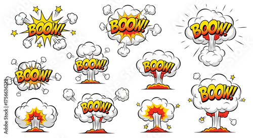 Comicstyle cartoon explosions with BOOM text in red yellow and white depicted on a white background