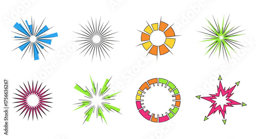 Eight burst designs in varied colors radial and geometric patterns