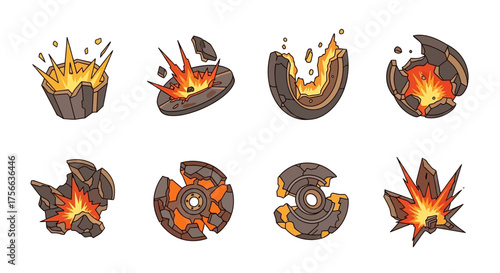 Eight illustrations depict exploding rocks with fiery centers in varying stages of fragmentation
