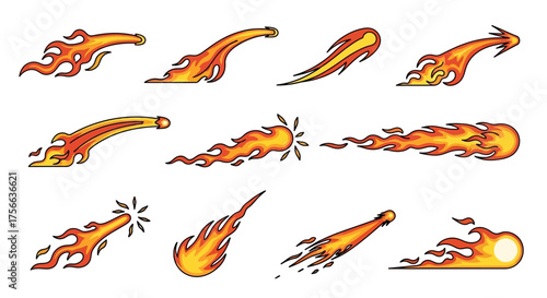 Eleven cartoon flames of orange and yellow on a white background