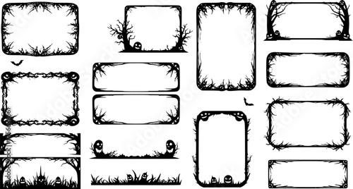 Set of scary frame border silhouette isolated on white backgrounf for Halloween day. Collection of halloween frame decoration vector illustration