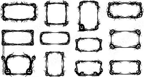 Set of scary frame border silhouette isolated on white backgrounf for Halloween day. Collection of halloween frame decoration vector illustration
