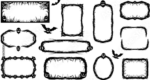 Set of scary frame border silhouette isolated on white backgrounf for Halloween day. Collection of halloween frame decoration vector illustration