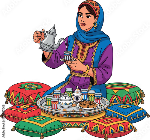Moroccan woman serving mint tea in traditional setting with cushions