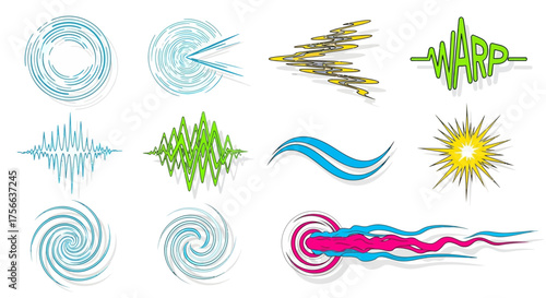 Illustration showing twelve colorful stylized visual effects isolated on a white background including spirals zigzags waves and explosions