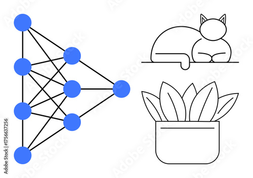 Neural network with interconnected nodes, minimalist cat outline, and potted plant. Ideal for artificial intelligence, technology, machine learning, creativity, simplicity nature balance. Modern