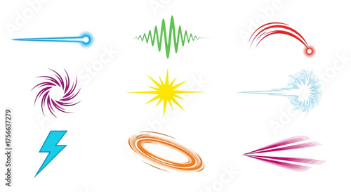 Nine stylized energy effect drawings arrayed in 3x3 on a plain white background