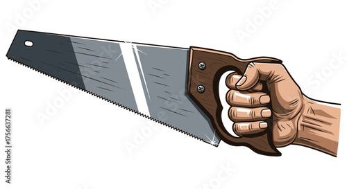 Vector  illustration depicting a hand firmly gripping the handle of a sharp, shiny hand saw tool
