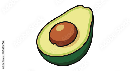 Vector  illustration of a halved avocado with a pit, showing the green skin and light yellow flesh, isolated