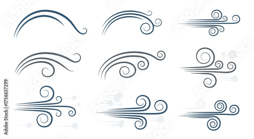 Nine wind swirl vector designs in blue and gray on a white background