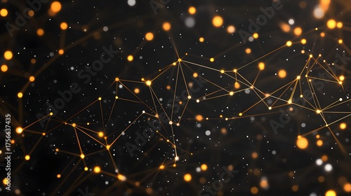 Golden network of connected points and lines floats in darkness.