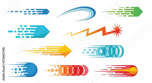 Speed graphic icons arrows circles lightning comets depict motion