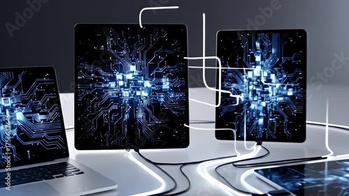 Business Technology Connection Concept Man in Suit with Laptop Tablets and Phone Displaying Blue Circuit Board Technology on White Table in Studio