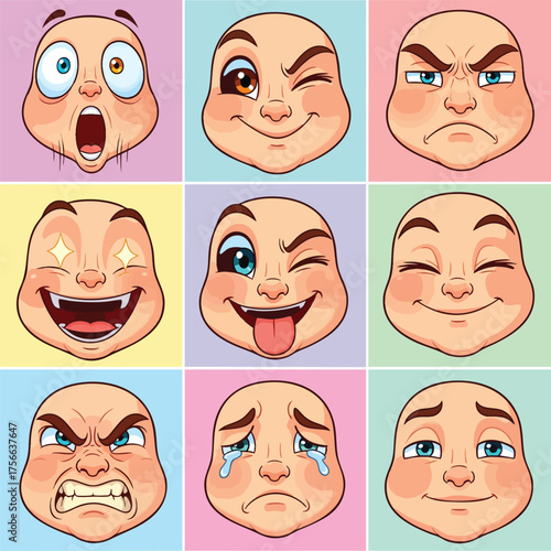A vibrant collection of nine illustrated cartoon faces displaying a wide range of human emotions and expressions.